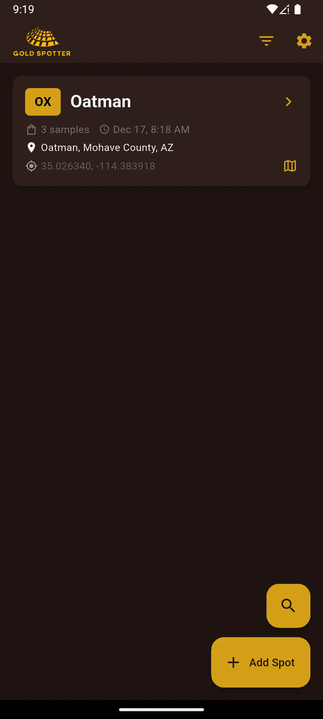 Gold Spotter app showing Oatman prospecting spot