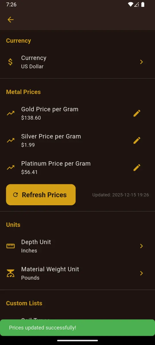 App settings and metal prices